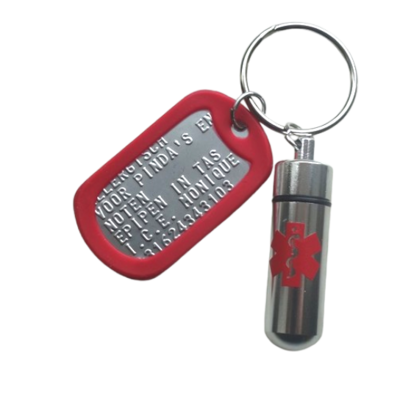 SOS sleutelhanger dogtag met pillendoos klein